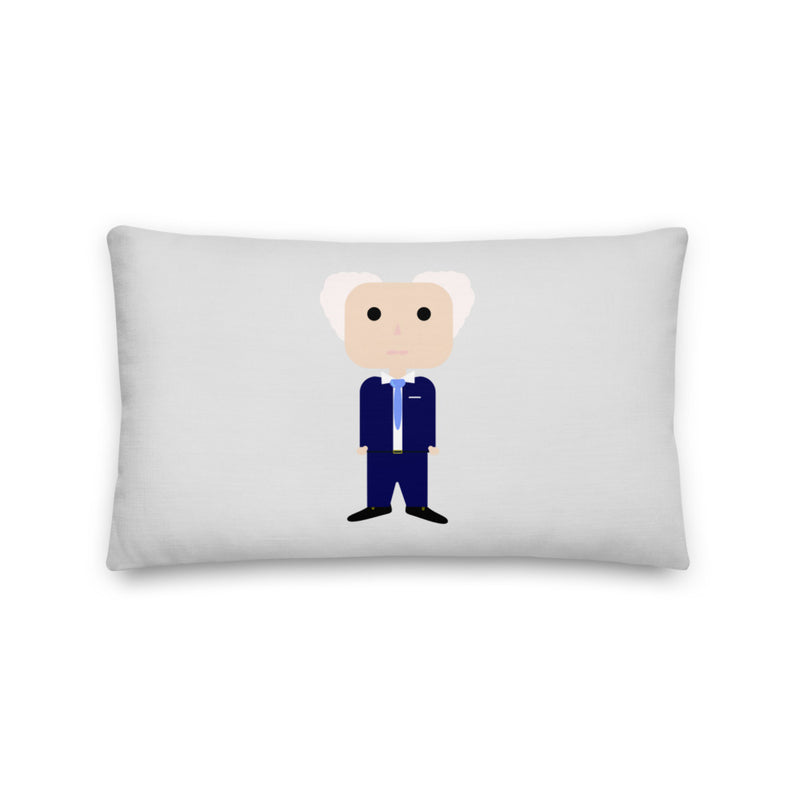 A premium pillow with a cartoon image of former Israeli Prime Minister David Ben Gurion in a blue suit with blue tie