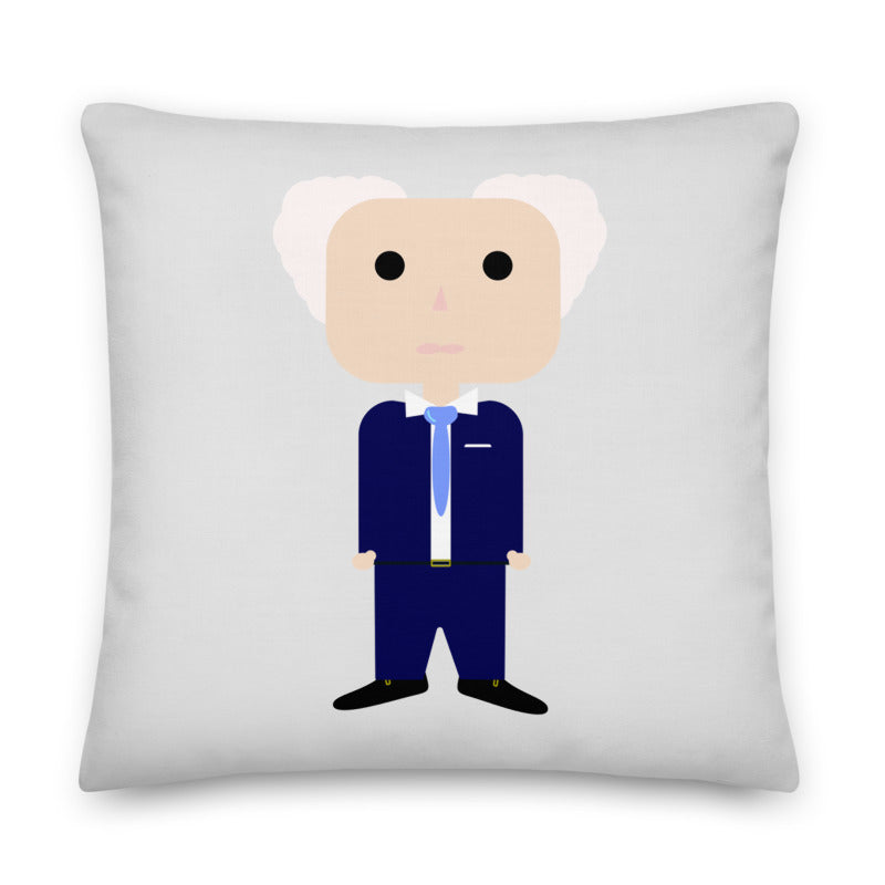 A premium pillow with a cartoon image of former Israeli Prime Minister David Ben Gurion in a blue suit with blue tie