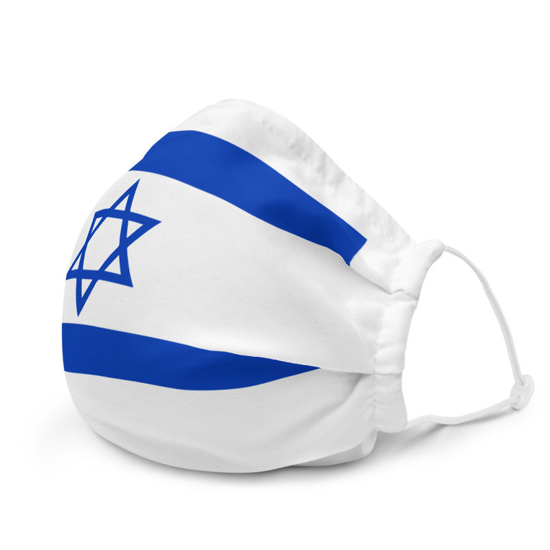 A premium white face mask with the Israel flag imprinted in blue