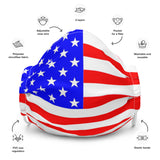 A premium white face mask with the United States of America flag imprinted red white and blue, with the product features included 