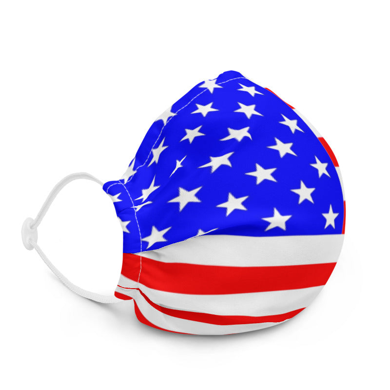 A premium white face mask with the United States of America flag imprinted red white and blue